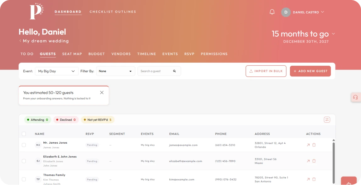 Plannerd guest list screen
